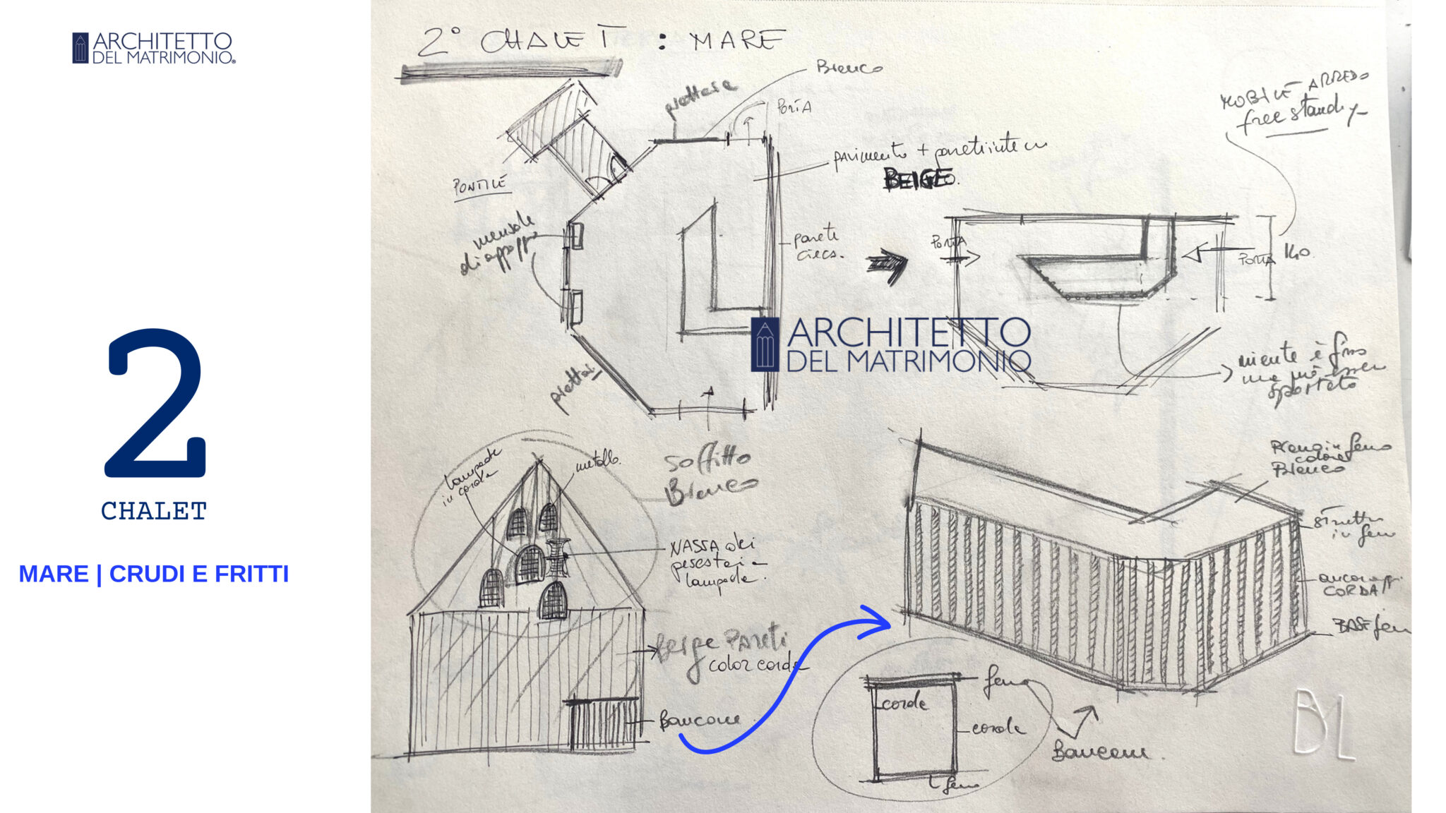 Schizzo tecnico di progettazione chalet a tema mare con dettagli su materiali corda e pavimento beige