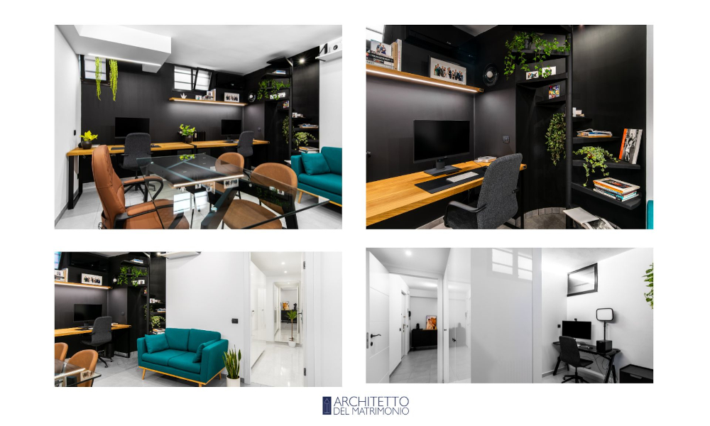 Mosaico di quattro foto del nuovo ufficio fotografico dopo il restyling: zona consulenza con pareti scure, postazione lavoro, divano turchese, corridoio bianco